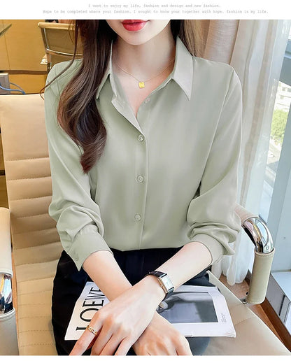 Fashion elegant satin shirts solid color ladies shirts causal Women's Blouses Spring Long Sleeve Shirts Tops Blusas Mujer