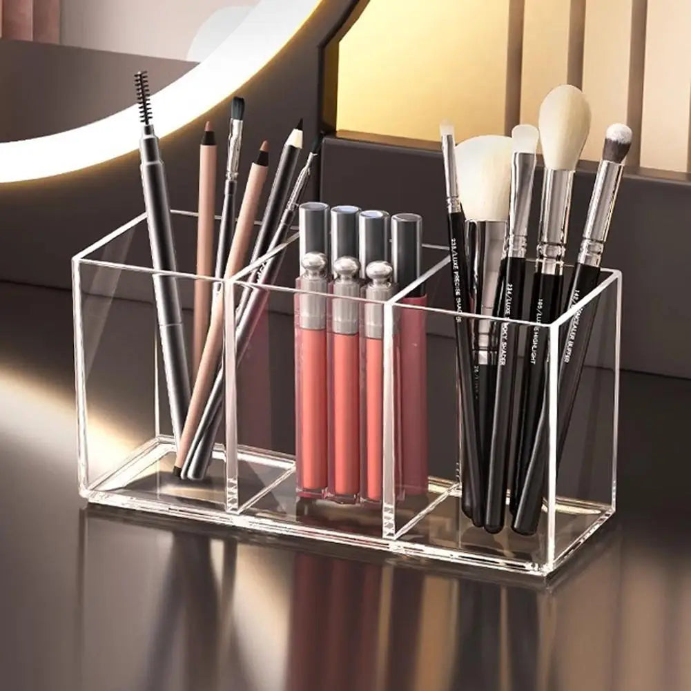 Transparent Acrylic Storage Box 3 Grid Makeup Box Desktop Organizer Makeup Brush Lipstick Rack Stationery Pen Storage Case