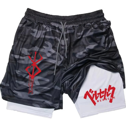 ‌Anime Berserk 2 in 1 Compression Shorts for Men - Running, Training, Yoga Gym Workout Sportswear with Pockets RL0018