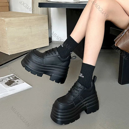 Women Platfrom Pumps Shoes Black Lace-up Leather Female British Style Spring Autumn New Heightening High Heels Mary Jane Loafers