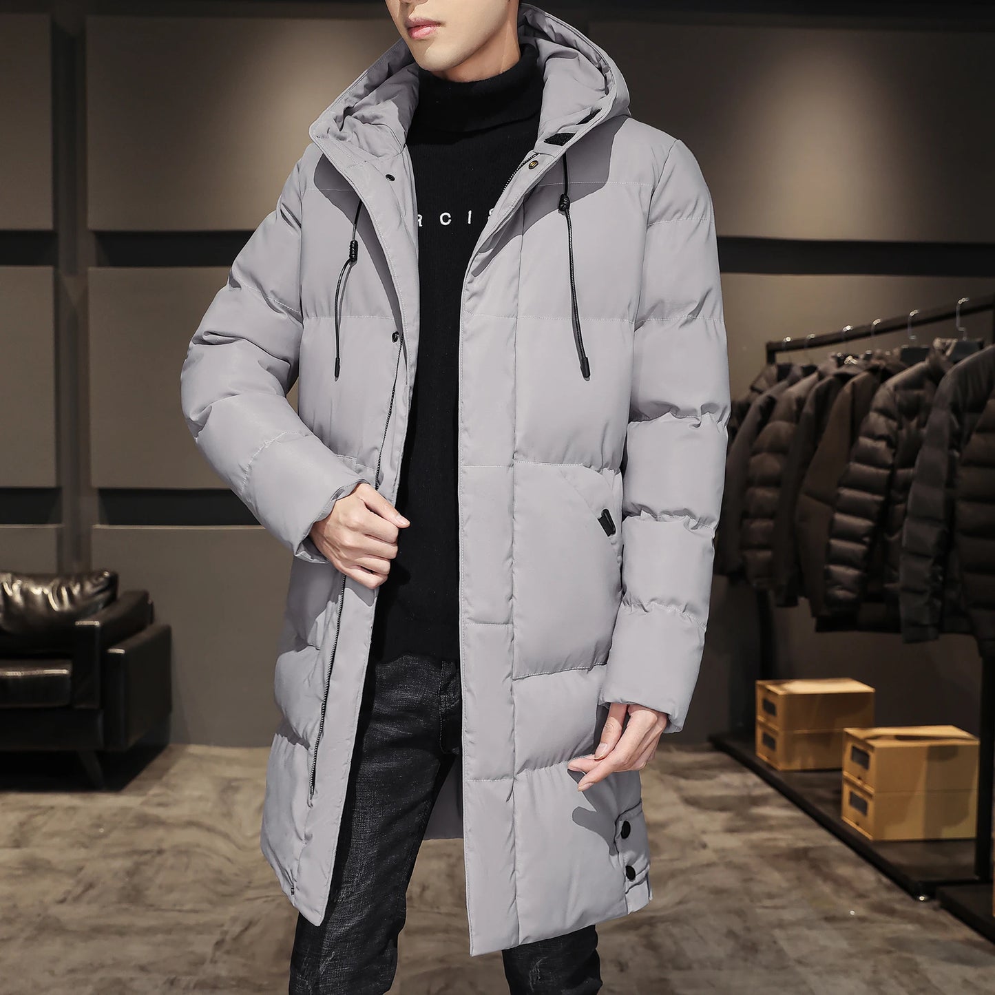 Cotton jacket men's winter thick medium long style men's decoration body trend business cotton jacket men's coat