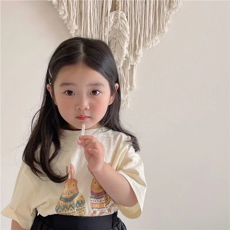 Summer Toddler Baby Girl Solid Cotton Clothes Short Sleeve Cartoon Rabbit Printed T-shirts Kids Leisure Ins Tops Tees