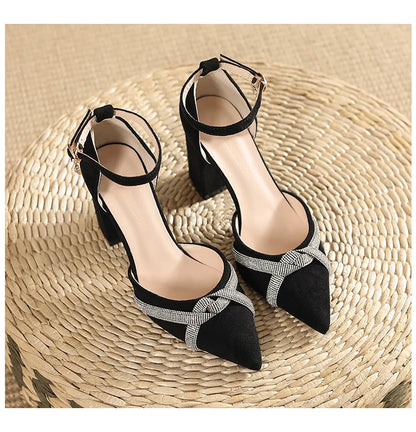 Size 30-44 Chunky Heel Hollow Point Toe High Heels Women Shoes Solid Color Ankle Strap Rhinestone Black Heels