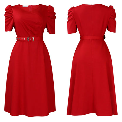 Elegant Party Dresses for Women V Neck Short Sleeve Belt Waisted Pleated Mid Calf Luxury Birthday Dinner Vestidos Mujer Dress OL