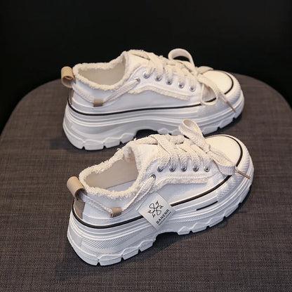 2025 Autumn New Women's Canvas Shoes Round Head Thick Soles Fringed Denim Casual Shoes Increased Height Sports
