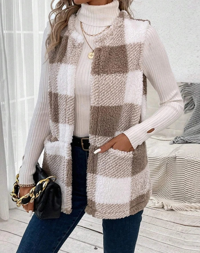 Autumn Women's Sleeveless Vest Cotton Coat Casual Women's Pocket Vest Fashionable Checkered Pattern Pocket Design Teddy Vest