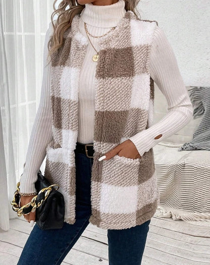 Autumn Women's Sleeveless Vest Cotton Coat Casual Women's Pocket Vest Fashionable Checkered Pattern Pocket Design Teddy Vest