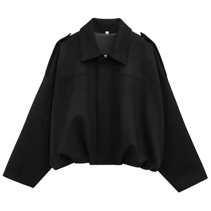 HXAO Women's Bomber Jacket Lapel Long Sleeve Zipper Suede Jacket Women 2025 High Street Cropped Racing Jackets Coats Outerwears