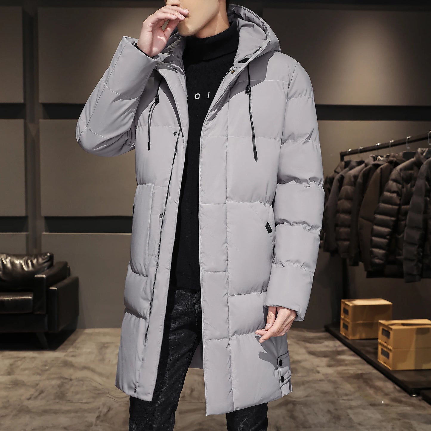 Cotton jacket men's winter thick medium long style men's decoration body trend business cotton jacket men's coat