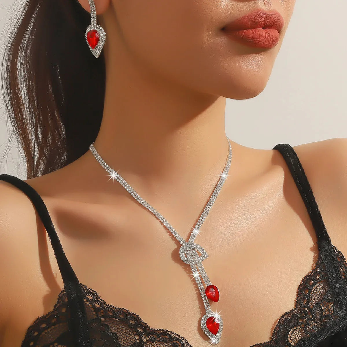 FYUAN Women's Crystal Jewelry Set Sapphire Blue Silver Color Water Drop Necklace Earrings Wedding Party Festival Wear