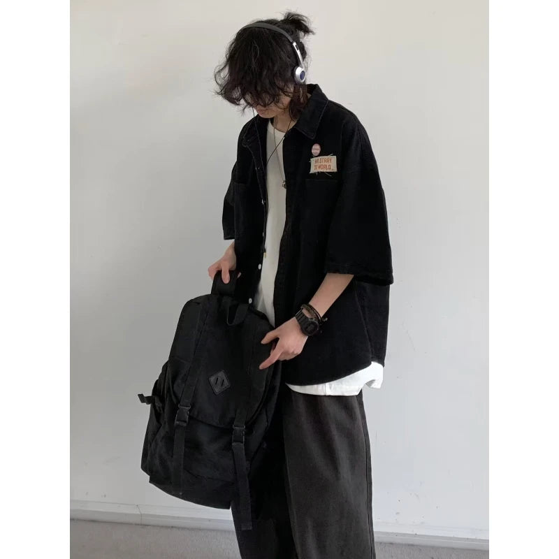Harajuku Tooling Mens Sets 2024 Summer American Street Retro Denim Suit Hip Hop Printed Cowboy Shirt+Wide Leg Jeans 2-pcs New