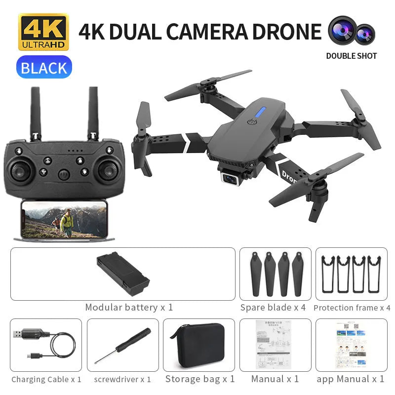 E88 ProIntelligent Folding Drone Supports single/Dual Camera Switching 4KPicture Quality+Wide-angle Shooting WiFiDirect Real-Tim