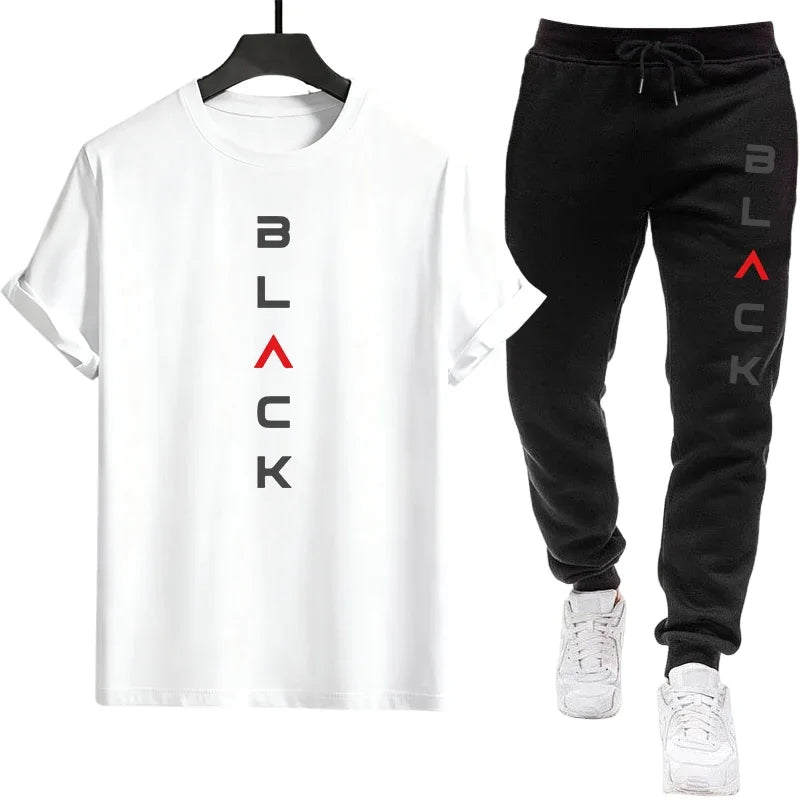 Male Spring Summer Home Outdoor Comfort Tees Set Black Letter Print Mens Tracksuit T-shirt + Pants Urban Causal Sports Outfit