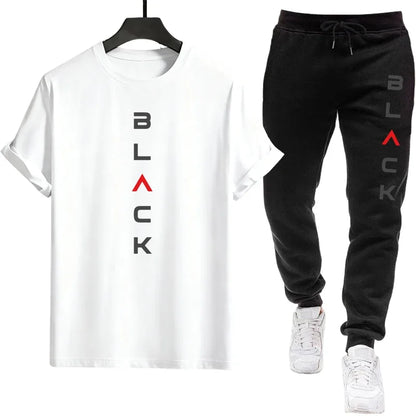 Male Spring Summer Home Outdoor Comfort Tees Set Black Letter Print Mens Tracksuit T-shirt + Pants Urban Causal Sports Outfit