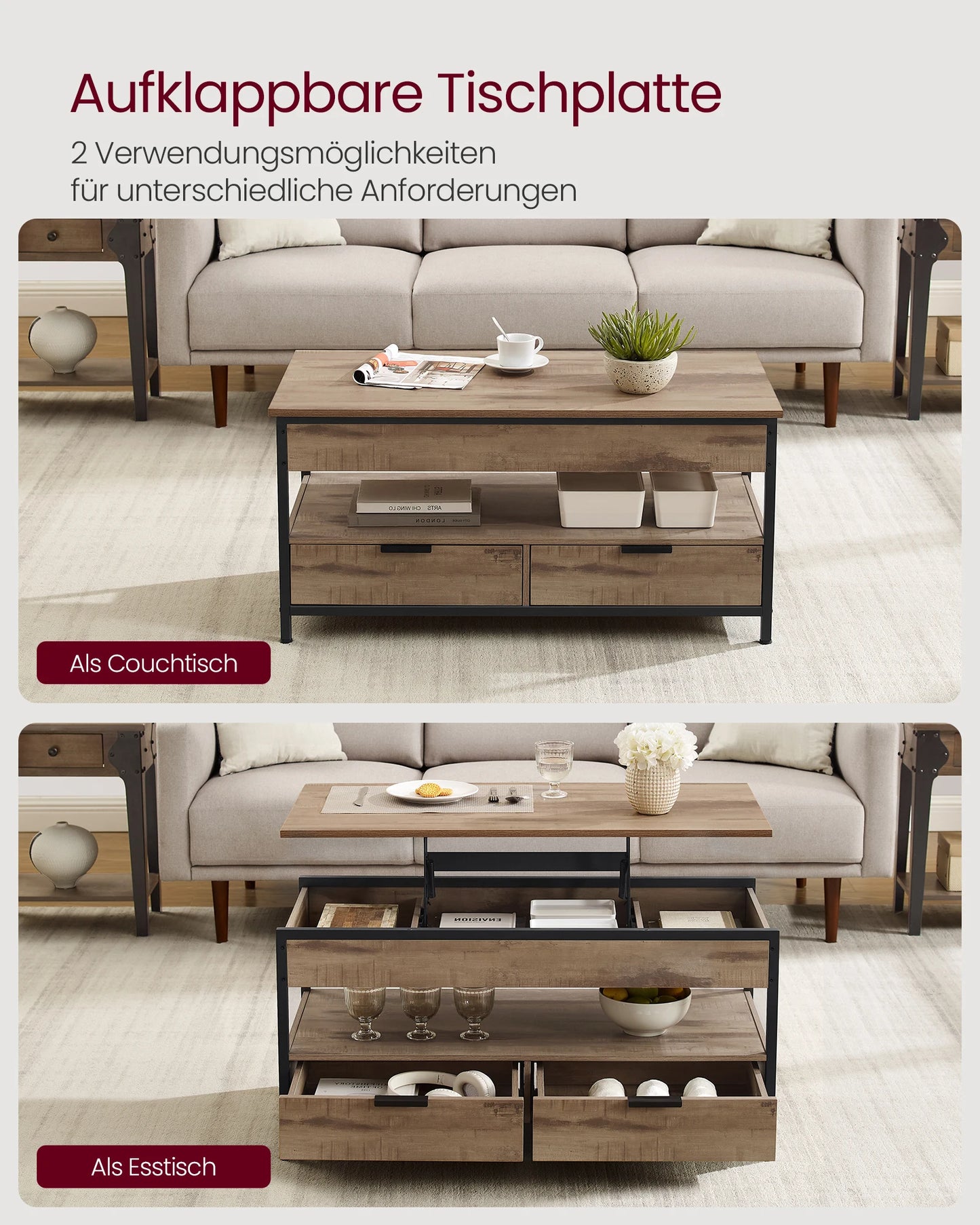 VASAGLE coffee table, height adjustable living room table, coffee table, with drawers, open compartment, 50x100 x (48-63)cm