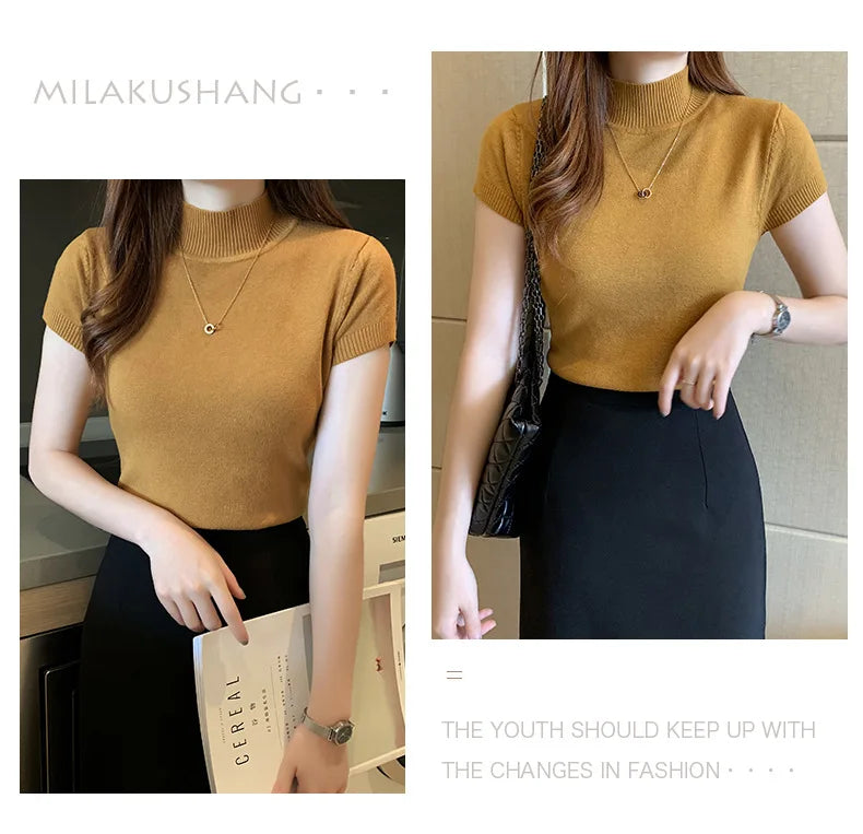 2024 Blusas Mujer De Moda Spring Summer New Solid Slim Turtleneck Blouse Women Clothing Korean Knitted Women Casual