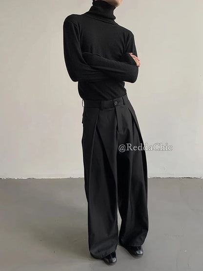 REDDACHiC Men's Pleated Front Wide Leg Pants Cleanfit Black Solid Low Waist Dressy Trousers Unisex Office Work Casual Clothes