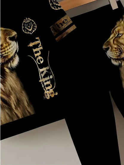 "Boys' Lion King Hoodie Set | 'The King' Bold Lion Print - Black Hooded Sweatshirt & Jogger Pants Two-Piece"