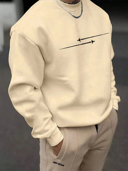 Men's autumn and winter casual loose fashion classic simple airplane pattern printed long sleeved round neck sweatshirt
