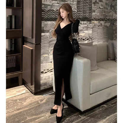 Spring Winter Lady Fashion Designer V-neck Slim Fit Long Sleeves Dress Girls Korean Version Solid Waist Cinching Wrap Hip Skirt
