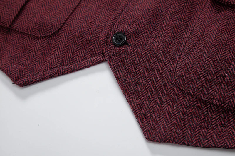 New Men's Retro Lapel Vest Herringbone Coarse Tweed Pockets Suit Vest British Casual Vintage Gentleman Leisure Party Bar Banquet