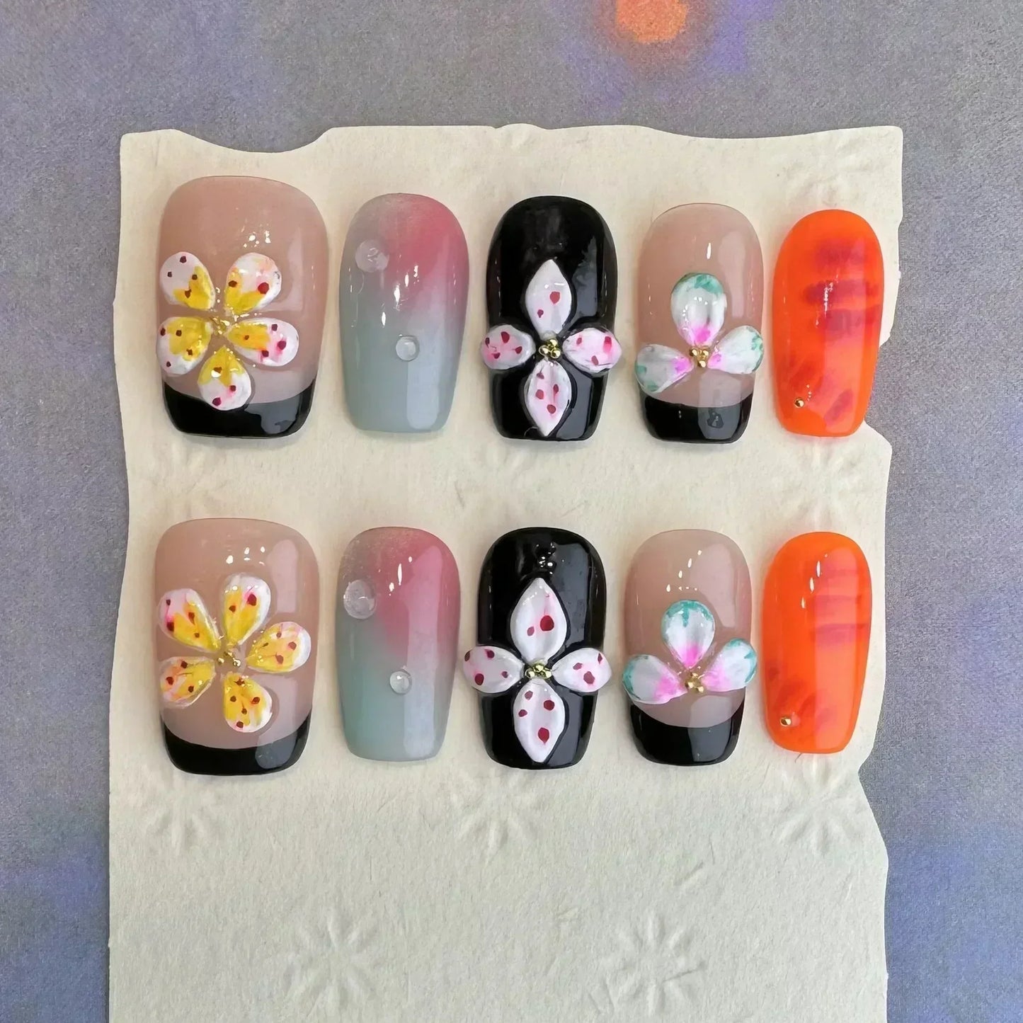 10Pcs Long Ballerina Handmade Press on Nails Pink Black Fake Nails Wearable Stick-on Nails Full Cover False Nail Uñas Postizas