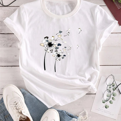 2024 New Women's Color Block T-shirt Summer Fashion Short sleeved Top Flower Print Loose Clothing Women's Party T-shirt