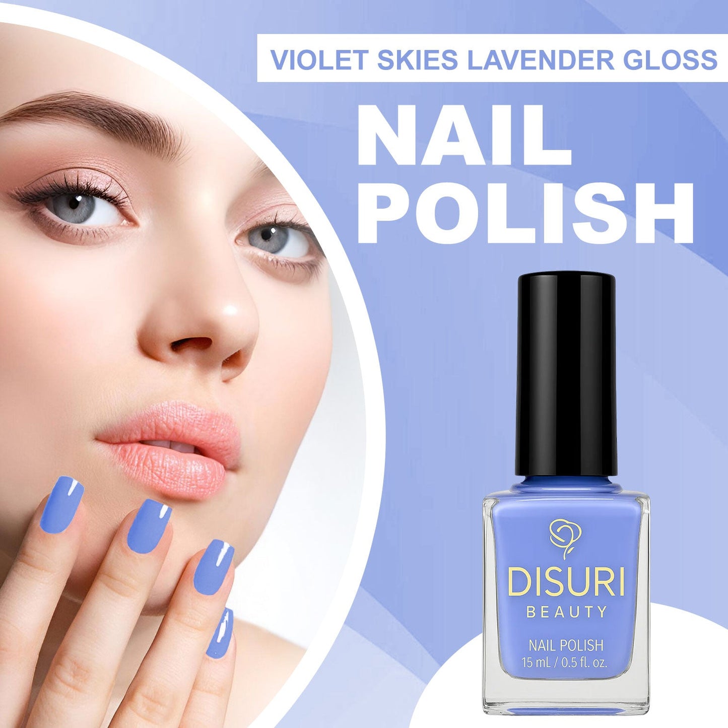 DISURI Beauty Vegan Nail Polish – Violet Skies (#829FDC Lavender Gloss, 15 ml)