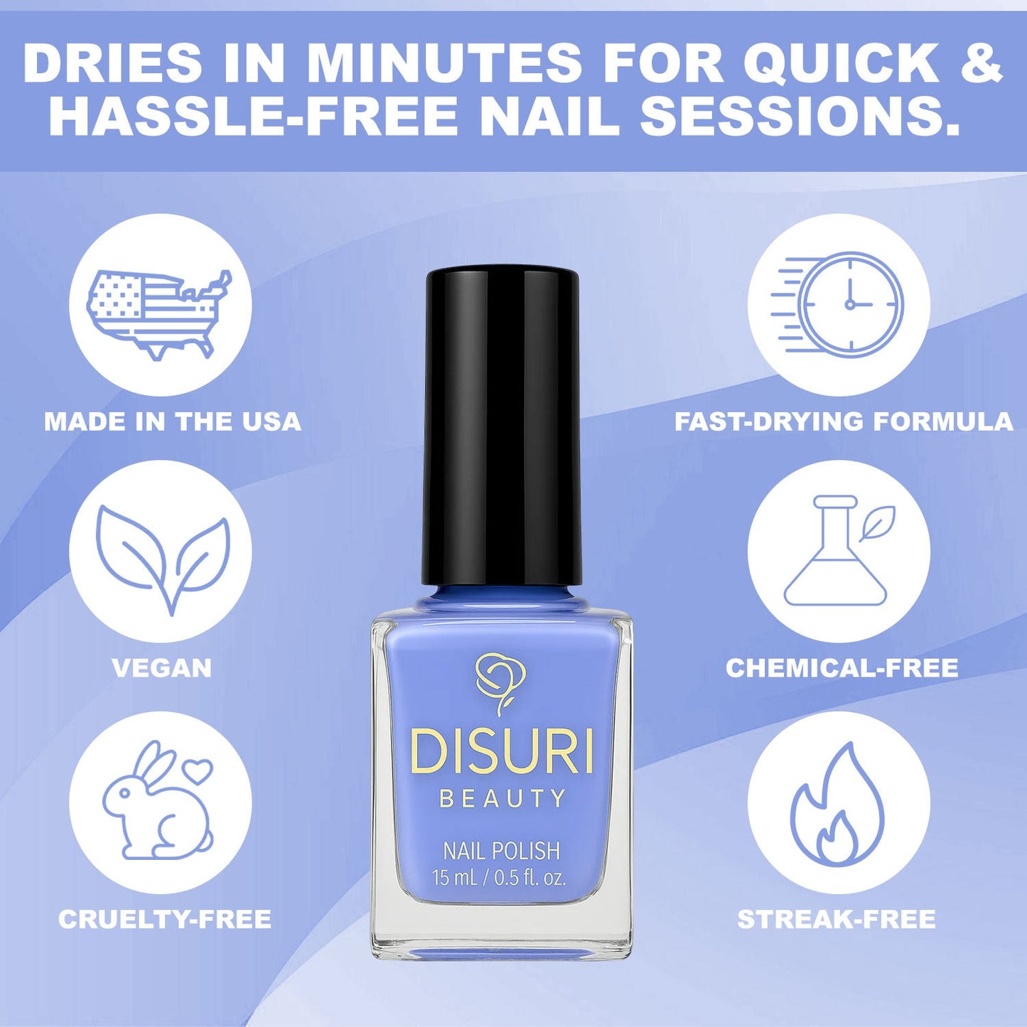 DISURI Beauty Vegan Nail Polish – Violet Skies (#829FDC Lavender Gloss, 15 ml)