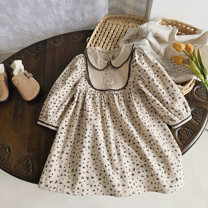 Arrival Autumn Girls Teddy Bear Embroidery and Floral Pattern Long Sleeves Dress-0