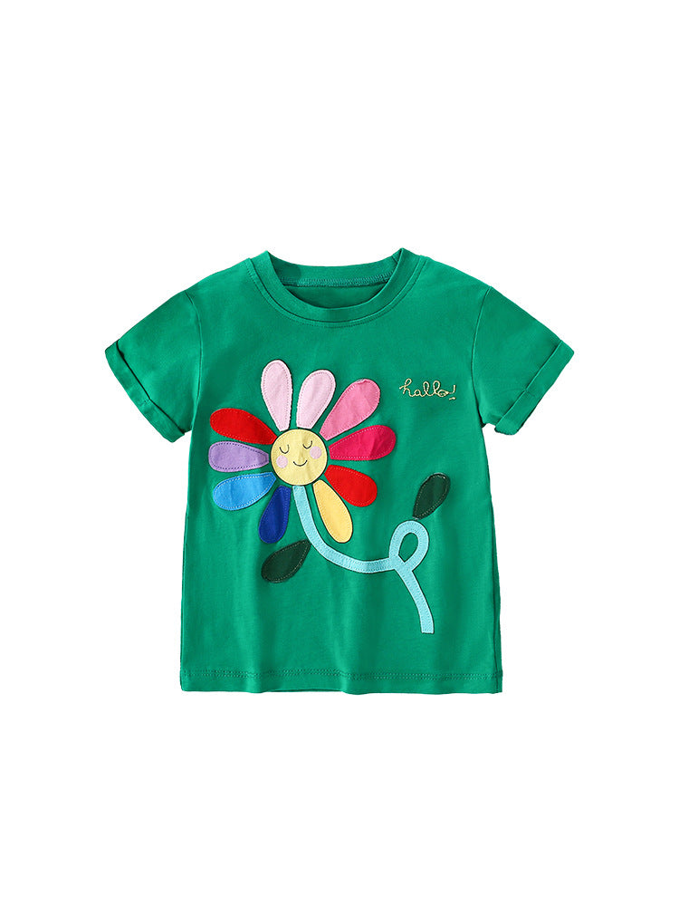 Girls’ Sunflower Cartoon Pattern Short Sleeves T-Shirt In European And American Style For Summer-0