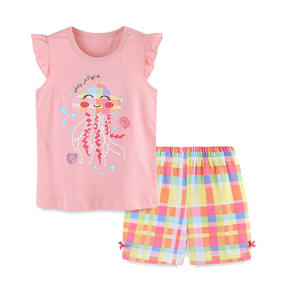 Summer Baby Kids Cartoon Jellyfish Pattern Vest and Plaid Shorts Clothing Set for Girls-4