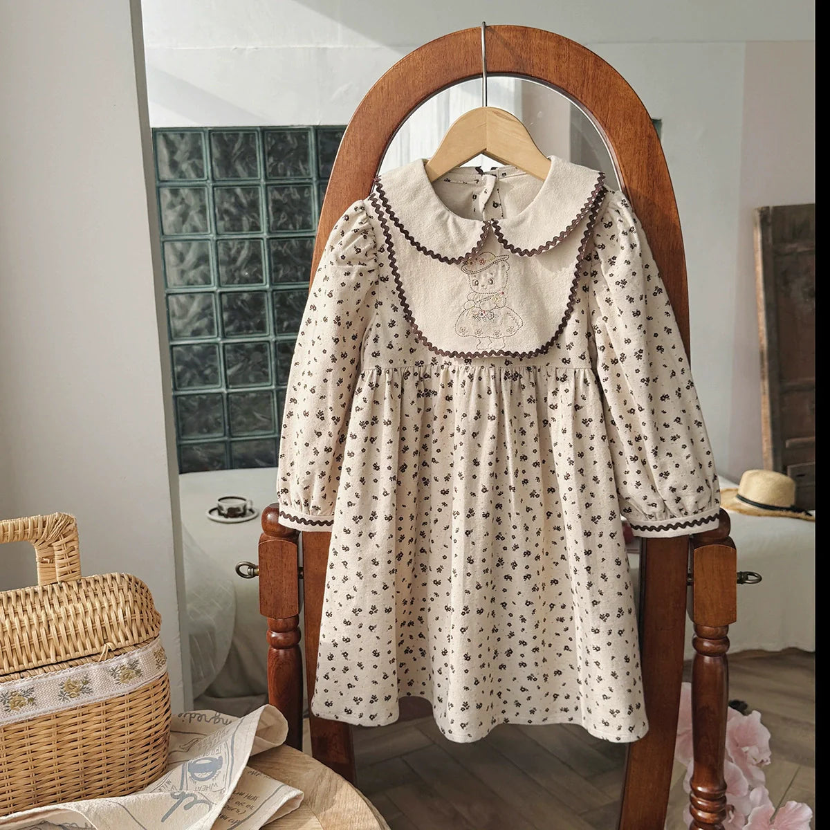 Arrival Autumn Girls Teddy Bear Embroidery and Floral Pattern Long Sleeves Dress-1